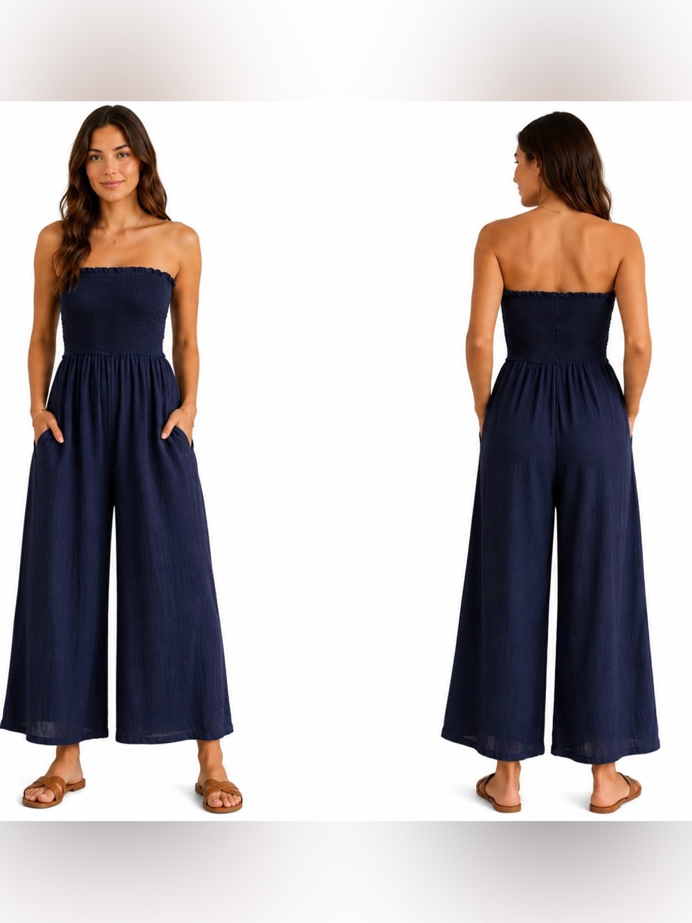 NWT Love Tree Navy Strapless Smocked Wide Leg Jumpsuit Size L